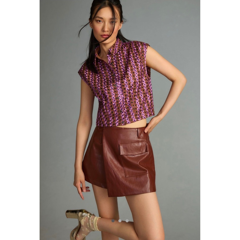 Maeve Anthropologie Purple Brown Floral Eyelet Sleeveless Button Down Top Medium